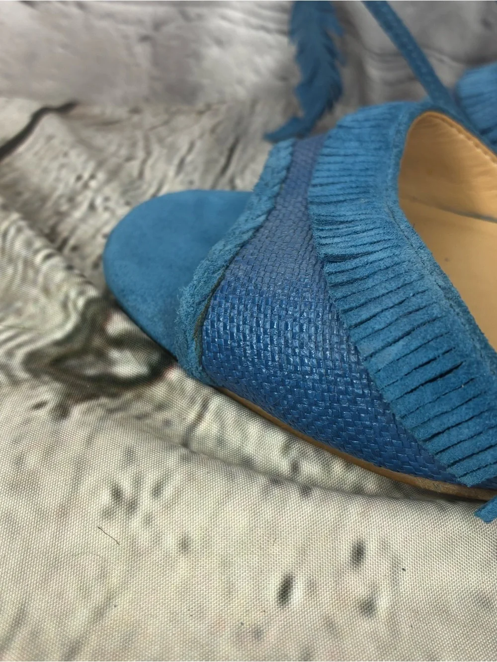 Coastal Boho Fringe Eclectic Southwestern Blue Stiletto Ankle Wrap Wedges Sz 8.5